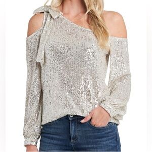 CeCe Glittering Silver One-Shoulder Blouse